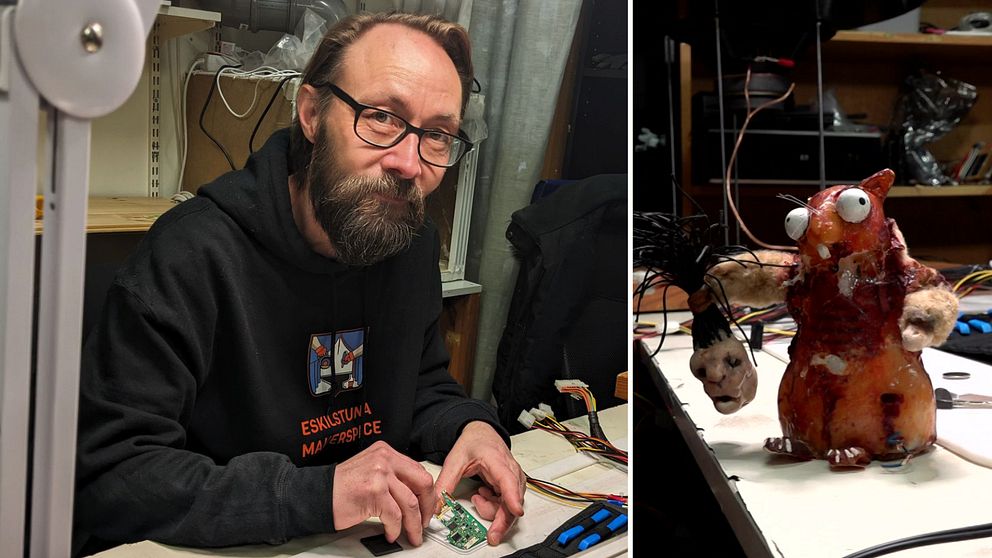 Tommie Zunko, ordförande i föreningen Eskilstuna makerspace, sitter vid ett arbetsbord fyllt av tekniska prylar och apparater och arbetar. Bredvid honom syns en figur som dansar och håller i ett huvud.