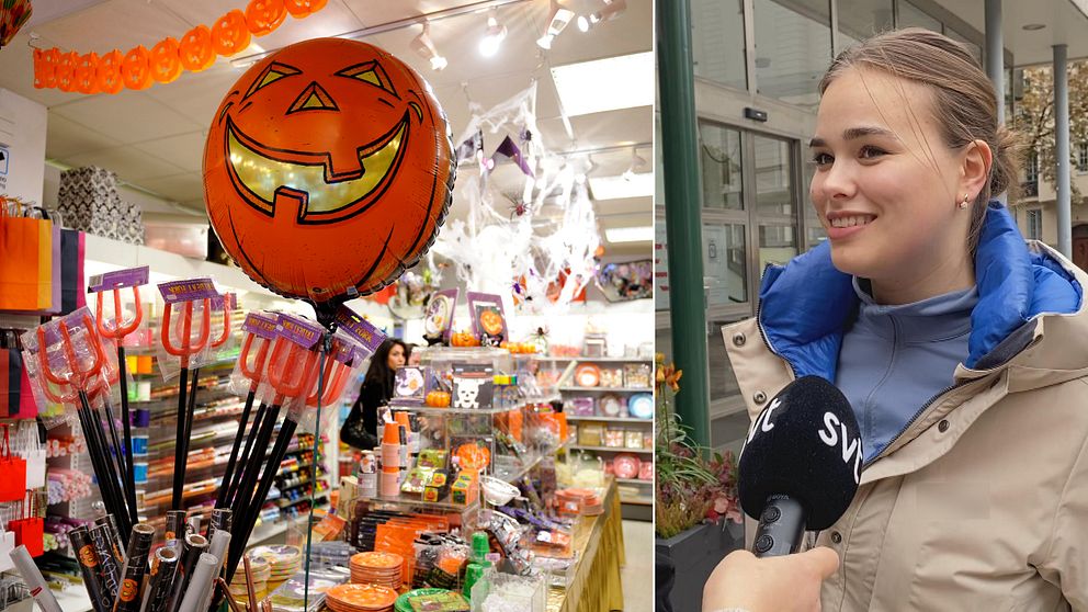 Till vänster syns halloweenartiklar i en butik och till höger syns en kvinna som blir intervjuad.