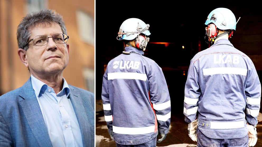 Bild på ekonomen Magnus Henrekson och två gruvarbetare på  LKAB.
