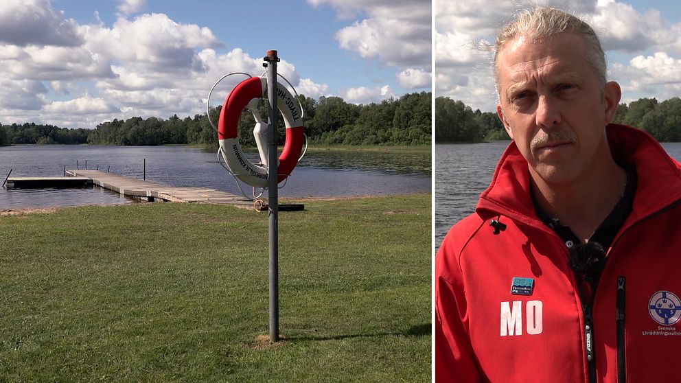 Tvådelad bild. Till vänster en bild på en badstrand med en livboj i förgrunden. Till höger Mikael Olausson, generalsekreterare i Svenska Livräddningssällskapet.