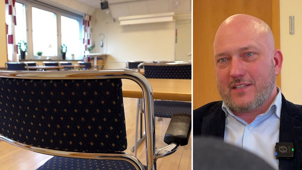 Tvådelad bild. Vänster: Tomt klassrum med bord, stolar och en whiteboardtavla. Höger: En person i kostym, Mikael Blom, rektor på komvux.
