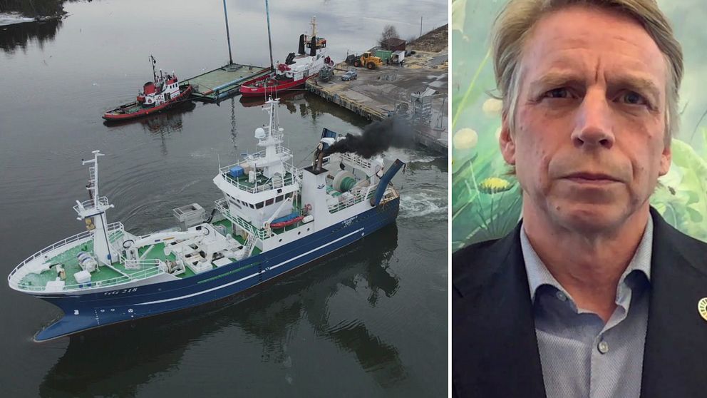 Till vänster: fiskebåt som lämnar hamn, Till Höger: Per Bolund, språkrör Miljöpartiet