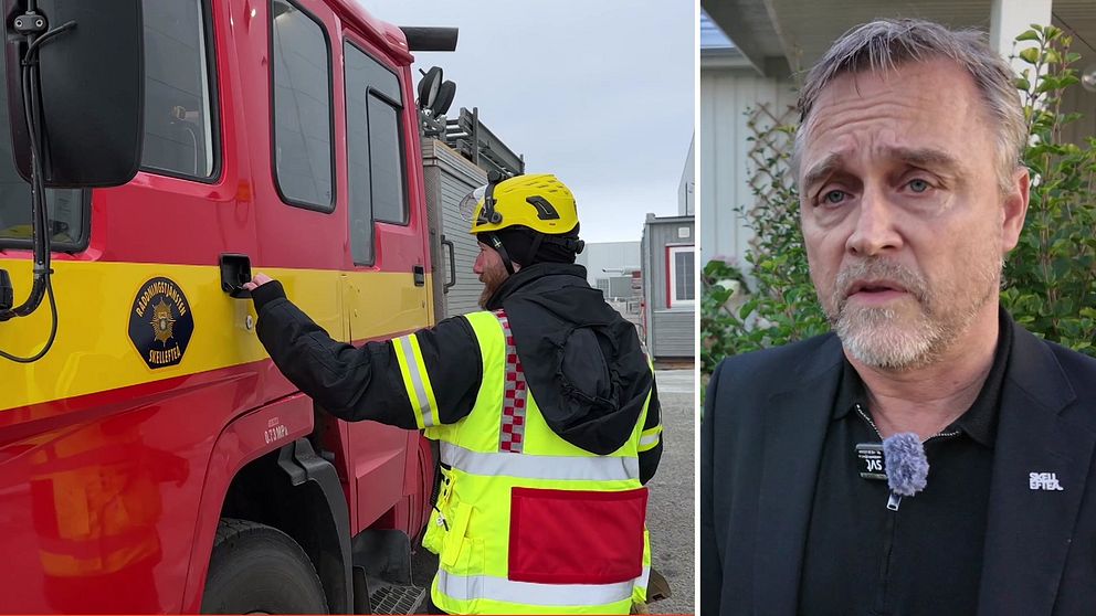 en brandbil och en man