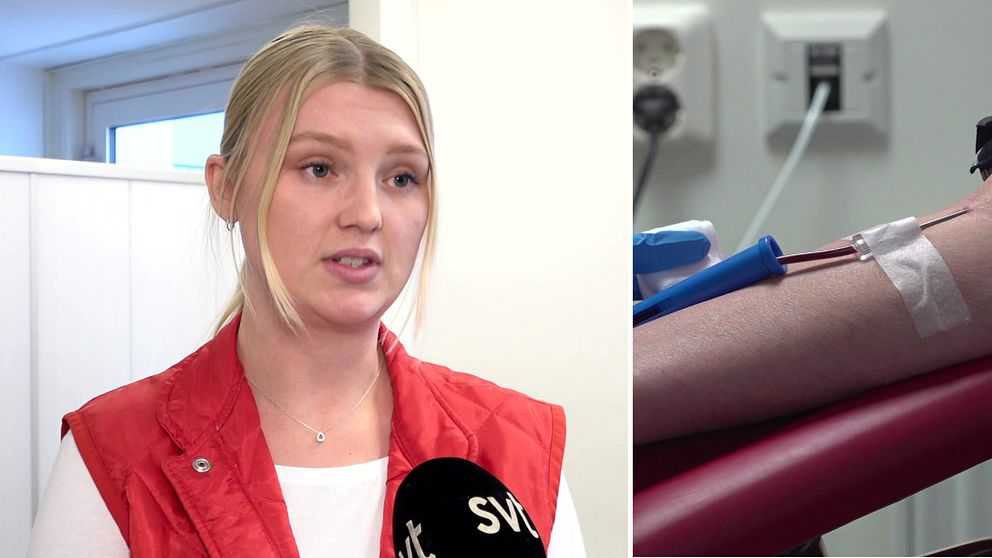 Inför julhelgen är det brist pTill vänster står Ebba Sjöström, biomedicinsk analytiker på Region Örebro län, i klädd en vit tröja och en röd väst. Hon har håret uppsatt med två slingor lös fram. Till höger syns en arm som har en nål fasttejpad på för blodgivning. å blod på sjukhusen i Örebro län.  Blodgrupperna A+ och 0+ som är mest akuta i nuläget. Nu hoppas Regionen på fler blodgivare innan jul.   – Vi har tider både här, i Karlskoga och så har vi blodbussar, säger Ebba Sjöström, biomedicinsk analytiker på Region Örebro län.