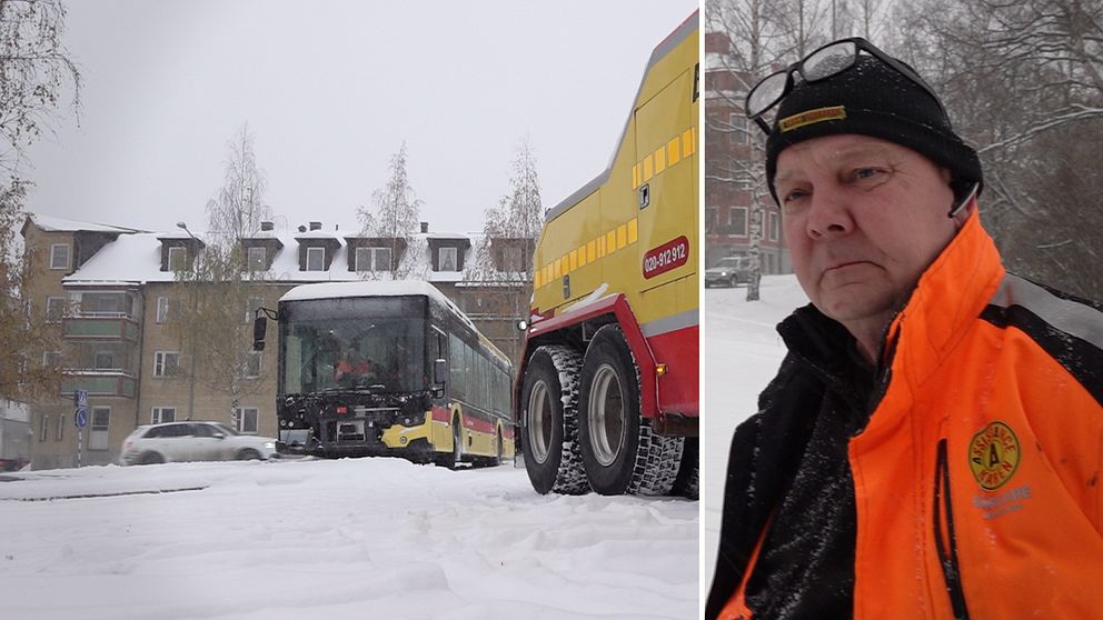 Joakim Lusth, bärgade en buss som kört in i en lyktstolpe vid Gränsgatan i centrala Östersund.