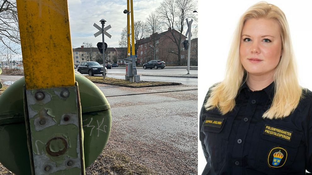 Till vänster syns en järnvägsövergång. till höger står Sophia Jiglind, presstalesperson hos polisen i Region Bergslagen.
