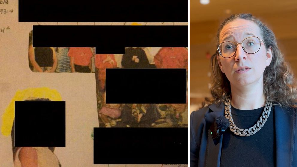 Tvådelad bild. Vänster: målning med flera mörka rektanglar. Höger: person i formell klädsel.