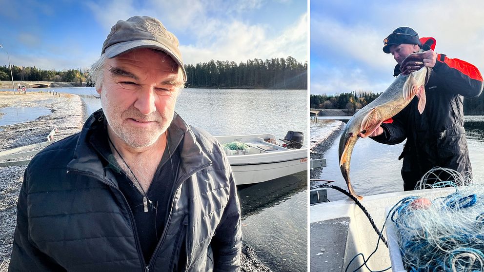 Enorm kanadaröding lyfts upp ur båt på storsjön på den offentliga måltidens dag.