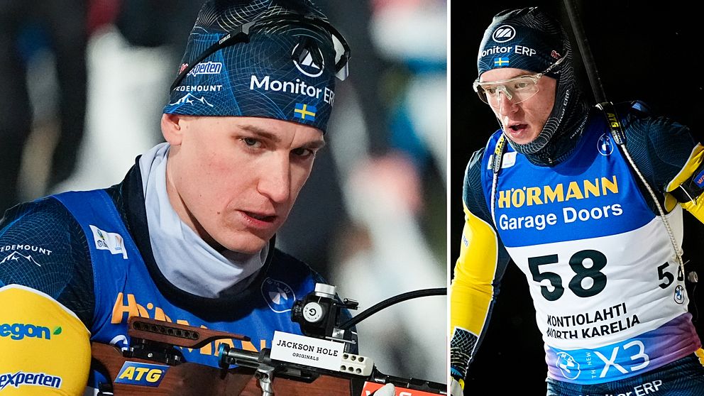 En delad bild som visar en skidskytt i tävlingsoverall med sponsorlogotyper. Till vänster syns skidskytten med utrustning, och till höger en annan vy med nummer 58 på overallen. Båda bilderna har en mörk bakgrund, vilket framhäver idrotten och utrustningen.
