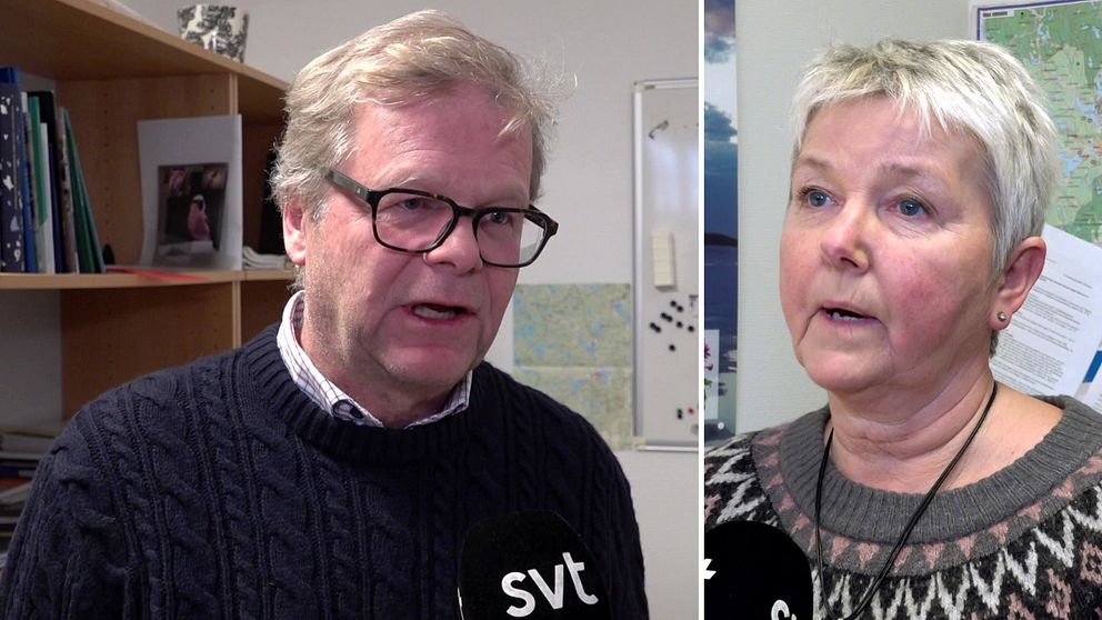 Till vänster syns  Dan Pierre (M), kommunstyrelsens ordförande i Nora, klädd i en mörkblå stickad tröja och svarta glasögon. Till höger syns Pia-Maria Johansson (LPO), oppositionsråd. klädd i en mönstrad stickad tröja. De båda har kort grått hår.