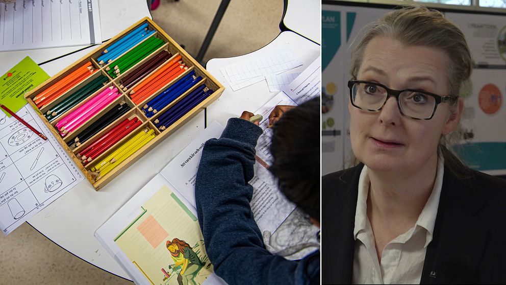 Delad bild. Till vänster står Lina Axelsson Kihlblom, barn- och utbildningsförvaltningens chef i Eskilstuna kommun. Till höger är en bild på ett barn som studerar.