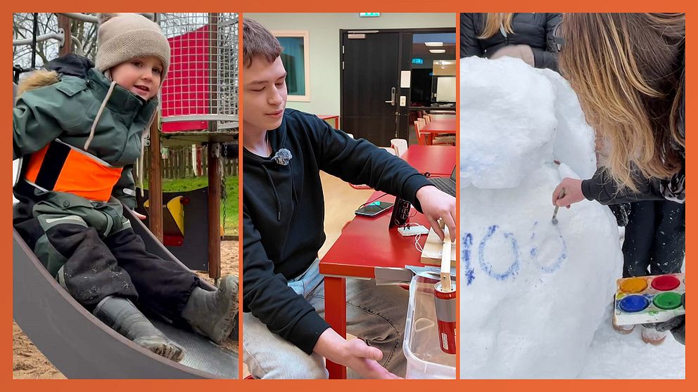 Tredelad bild. Vänster: barn med reflexbälte på rutschkana. Mitten: en kille som kommit på en uppfinning som varnar när hans djur har slut på vatten. Höger: kvinna målar på en snögubbe.