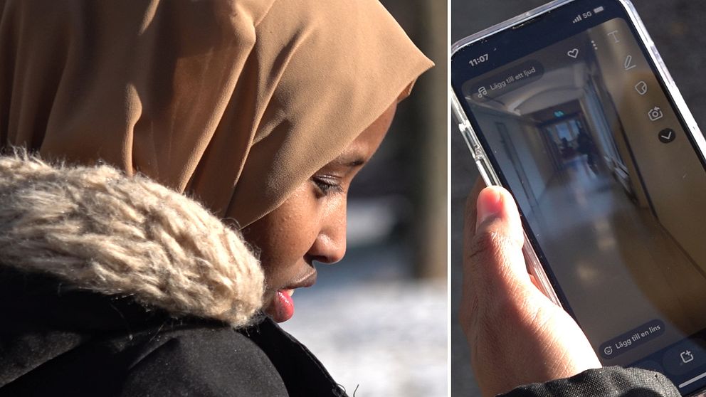 Tvådelad bild. Vänster: person i brun hijab. Höger: hand håller mobiltelefon med kameraapp aktiv.