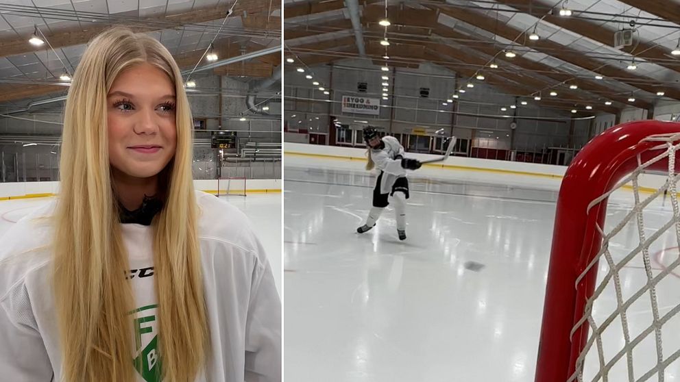 Delad bild: Nellie Norén står uppställd för intervju till vänster och skjuter en hockeypuck mot ett mål till höger