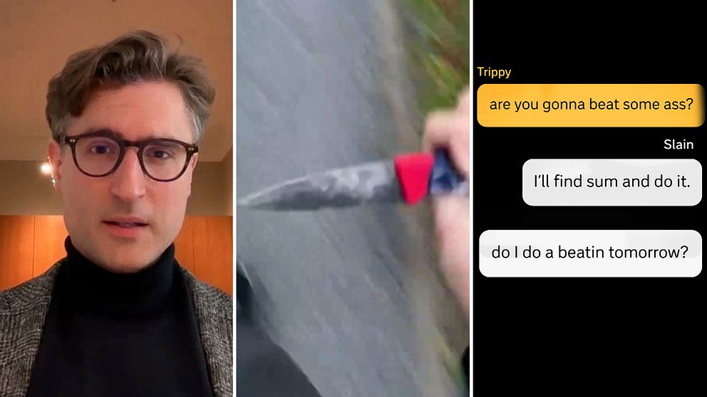 Fredrik Bergman, jurist, till vänster; i mitten: en hand som håller i en kniv; till höger: en chattkonversation.
