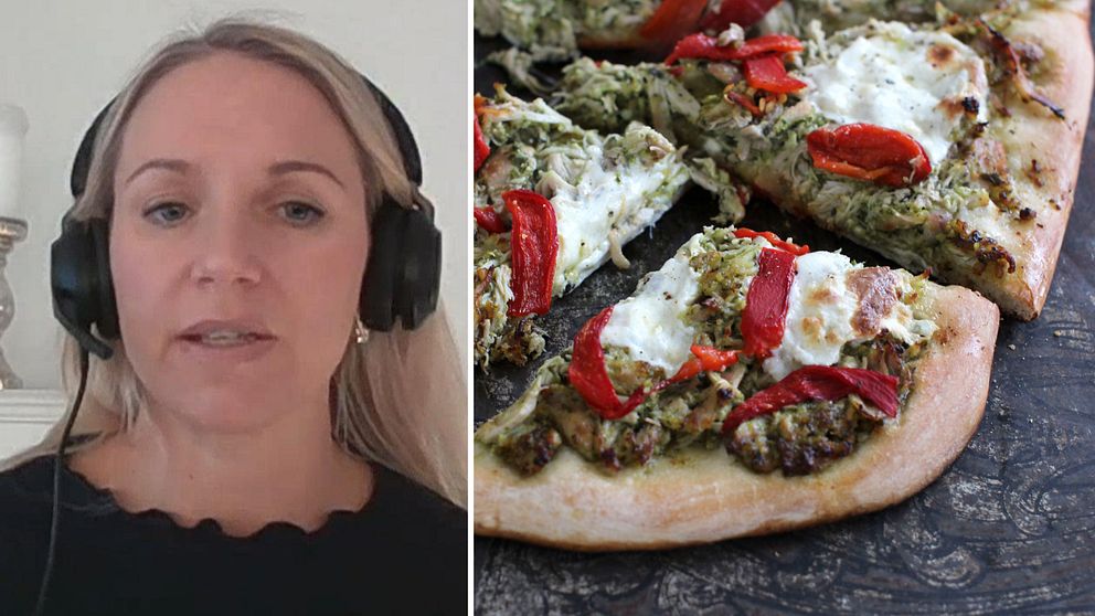 Kvinna tv i bilden, pizza till höger