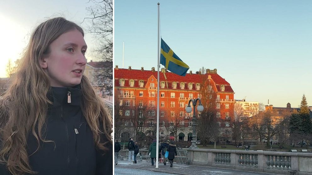 Delad bild: Till vänster syns en person med långt hår i en mörk jacka. Till höger visas en byggnad med röd tegelfasad, framför vilken en svensk flagga vajar på halv stång som tecken på sorg eller hedrande.