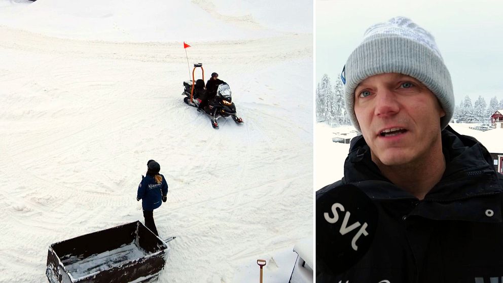 Bild ovanifrån på en skoter i snö och en bild på vd:n på Kläppen ski resort, Gustav Eriksson.
