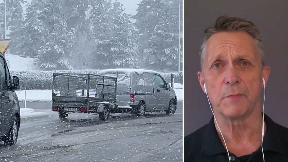 Bengt Olsson, Trafikverkets presschef, till höger. Till vänster bilar i snö.