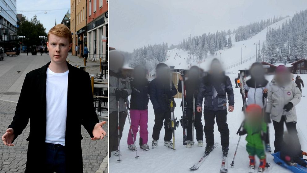 Bild på reporter Elias Voltaire och anonymiserad bild på familjen på skidsemester