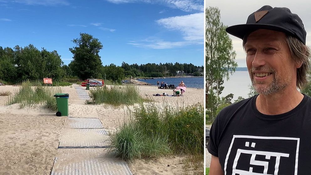 Montage med bild på stranden på Tranviken i Sundsvall och ett poträtt på en man i keps och svart t-shirt.