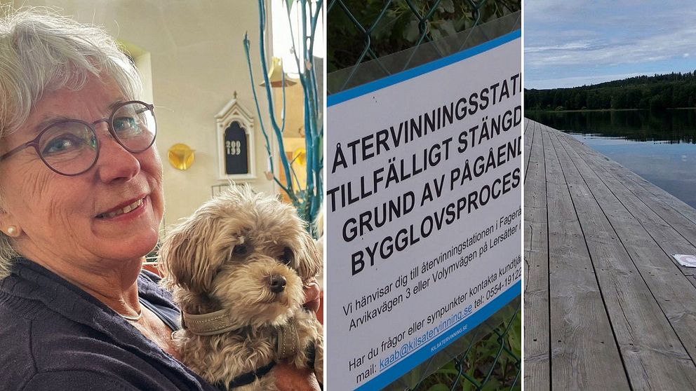 en kvinna med hund i kyrkan, en skylt där det står att återvinningsstationen är stängd och en sned brygga