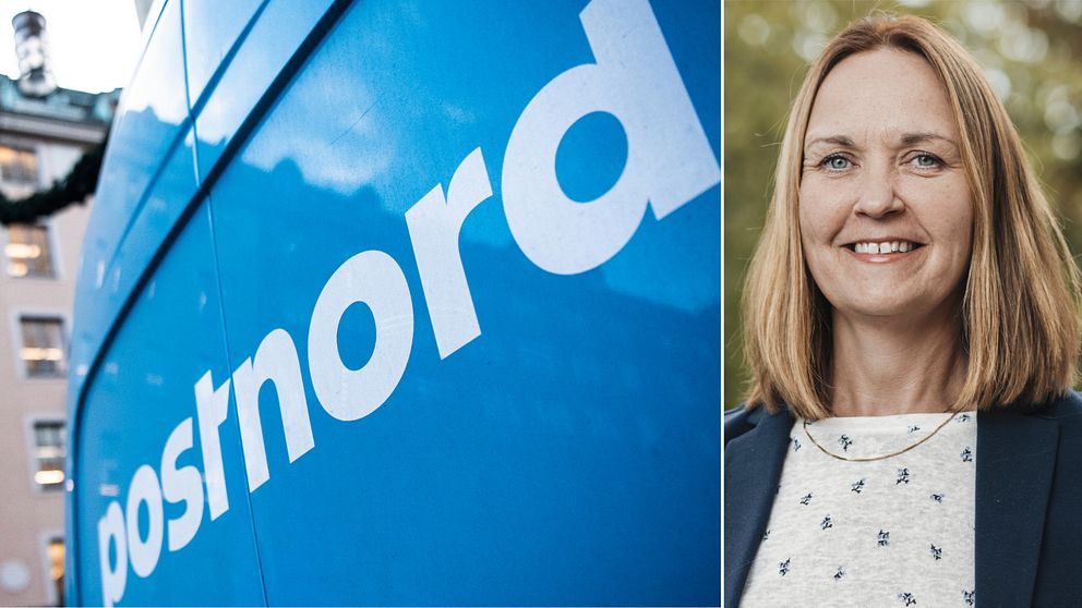 Postnord logga. En kvinna som ler.
