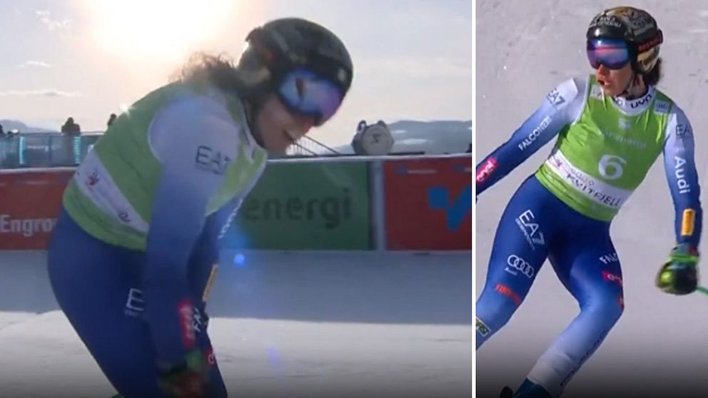 Tvådelad bild. Vänster: Skidåkare med grön väst böjer sig framåt. Höger: Samma skidåkare i rörelse.