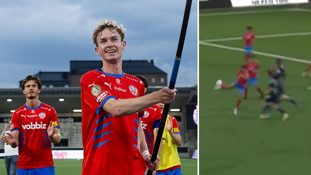 Alexander Johansson firar segern för Helsingborg på fotbollsplanen efter avgörande mål.