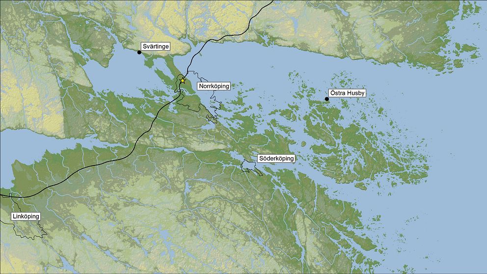 Karta över området kring Norrköping, Glan och Bråviken för 6000 år sedan.