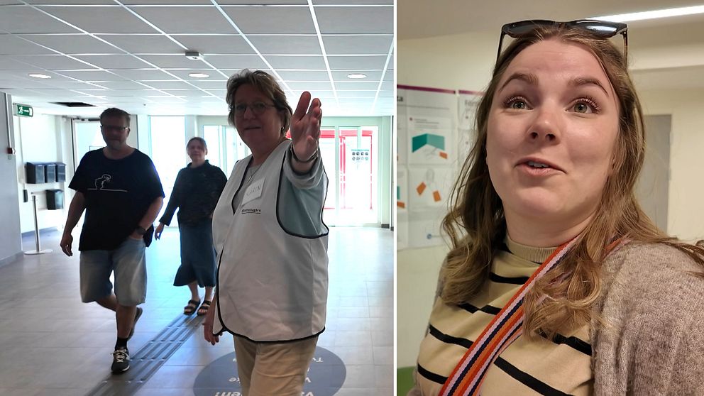 Röstmottagare visar väljare vägen samt porträtt av kvinna