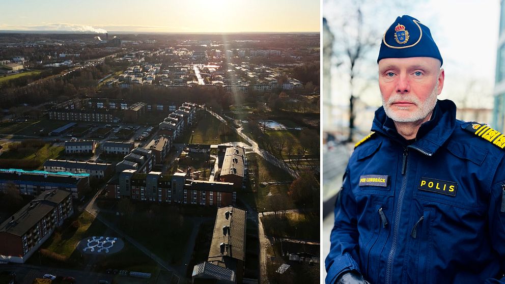 Översiktlig vy över en stad med bostadsområden och grönområden, samt en polis som står i profil iförd uniform.