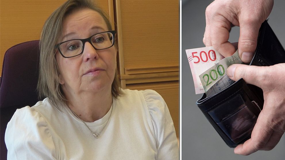Bild på Stina Israelsson, skuldrådgivare i Luleå, och en bild på en hand som plockar pengar ur en börs.