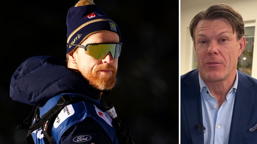 En delad bild som visar två personer i olika miljöer. Till vänster syns en person i vintersportkläder med en mössa, troligtvis en åkare eller tränare, och till höger en person i affärskläder som ser ut att delta i en intervju.