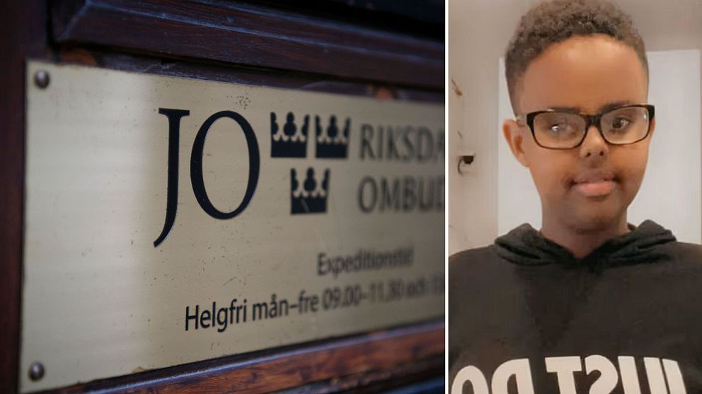 Delad bild. Vänster: skylt för Justitieombudsmannen. Höger: person i mörk huvtröja.