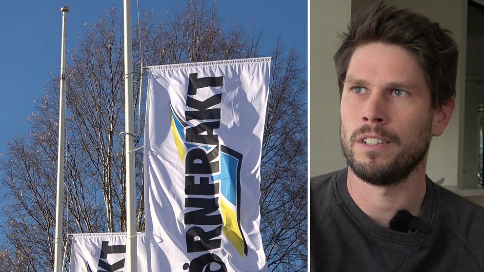 Bild med två sektioner: till vänster syns flaggor med texten ”KÖRNERAKT” hissade på en flaggstång mot en klarblå himmel, och till höger en person i samtal som delvis är osynliggjord.