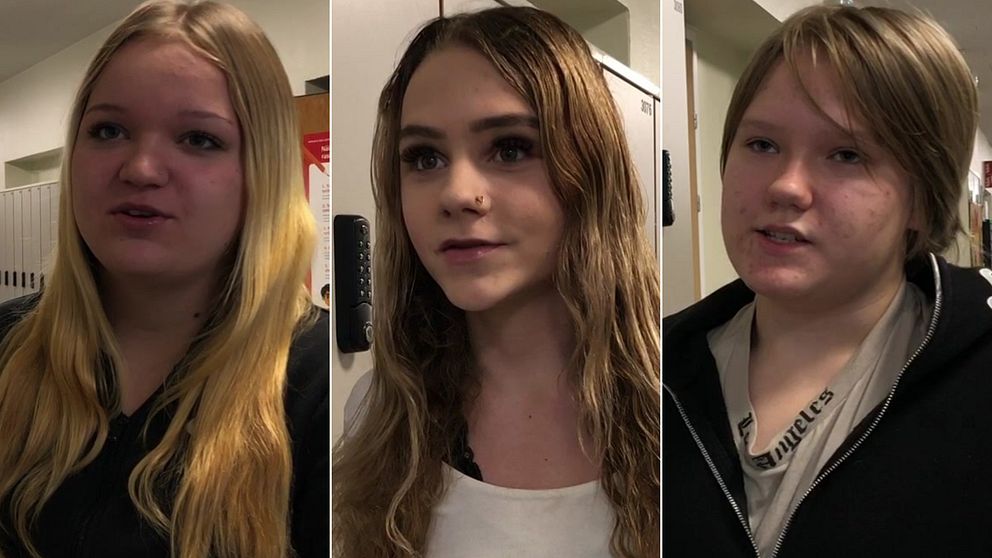 Helsinkiläisen Aleksis Kiven koulun oppilaat Veera, Gabriel ja Felix SVT:n Uutisten haastattelussa.