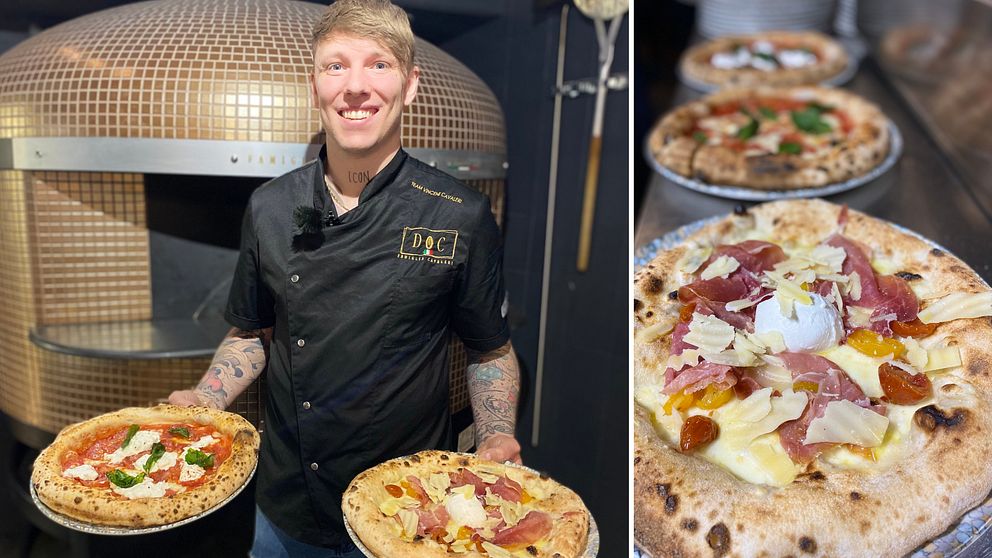 Vincent Cavaleri, pizzabagare står med två av sina nybakade pizzor. Tre pizzor på rad.