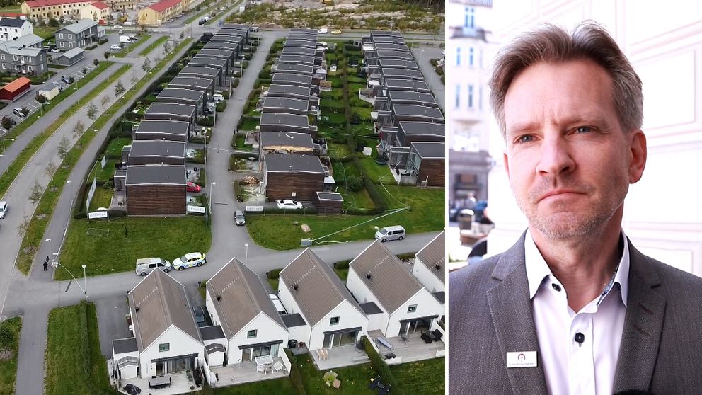 Villaområde efter explosion och man i kostym till höger.