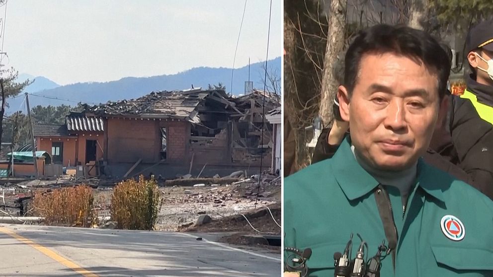 Tvådelad bild. Vänster: Skadad byggnad i Sydkora. Höger: Borgmästare i Pocheon under pressträff