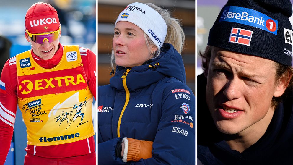 Tre personer iförda vinterkläder i sportmiljöer: till vänster en person i röd dräkt med gul väst från ”EXTRA”, i mitten en person i mörkblå jacka med olika sponsorer som LYKOB och LIZARD samt en vit mössa, till höger en person i svart mössa från ”SpareBank 1” med norska flaggan.