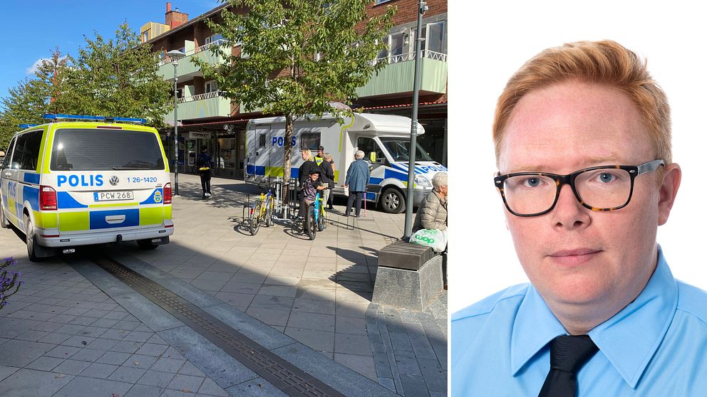 Två polisbilar som står på en gågata i centrala Sandviken. Två poliser står och pratar med kvinnor.