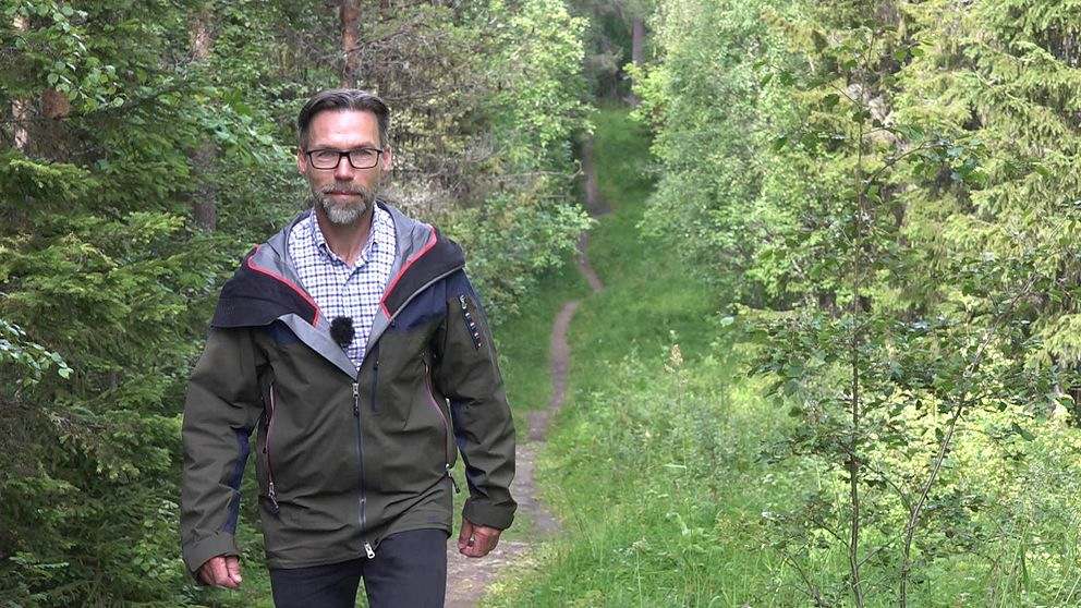 Andreas Edholm i en skog på i Östersund på en vandringsled går mot kameran