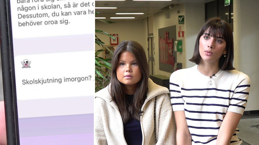 Tvådelad bild med hot mot skola på mobilskärm till vänster och två mörkhåriga tjejer i gymnasieålder till höger.