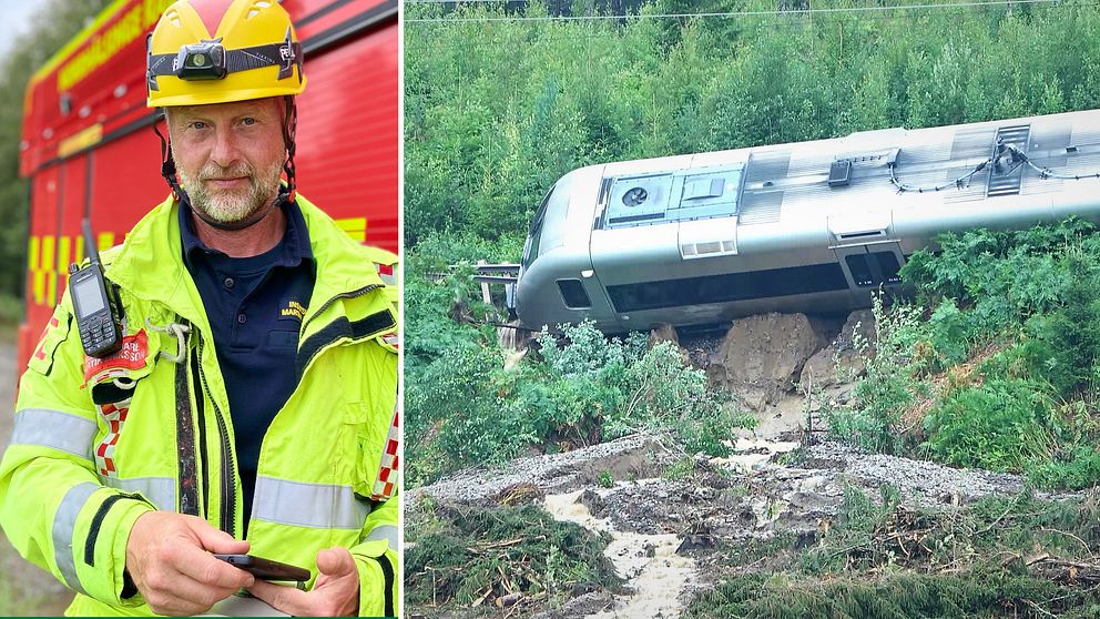 Martin Eriksson i full brandkårsmunderingtill vänster och en tågvagn som spårat ur till höger.