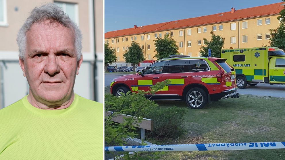 Man till vänster utryckningsbil till höger