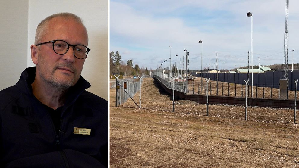 Tvådelad bild. Till vänster: Anstaltschefen Peter Kjellin i uniform. Till höger: stängsel vid fängelseanläggningen Hällbyanstalten.