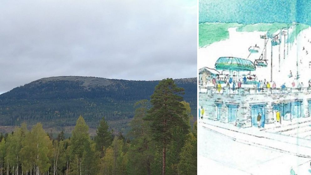 Tvådelad bild som visar det orörda Faxfjället till vänster och en illustration över hur en skidanläggning på platsen kan komma att se ut.