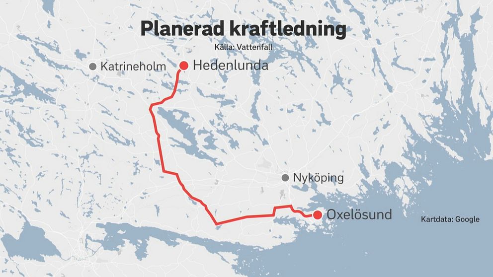 Karta över Sörmland. Rött streck visar var den planerade kraftledningen ska gå.