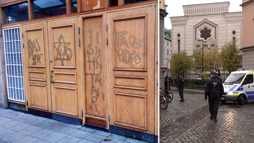 Till vänster: Klotter på dörrarna till Stockholms moské. Till höger: Poliser vid Stockholms stora synagoga.